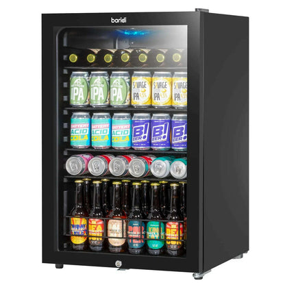 Sleek black 115L drinks fridge with LED lighting and efficient cooling, ideal for home or business.