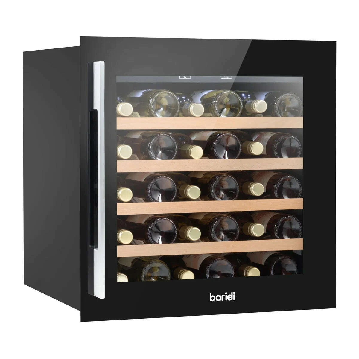 Black Baridi 60cm wine cooler with beech wood shelves, holds 36 bottles, touch controls, LED light.