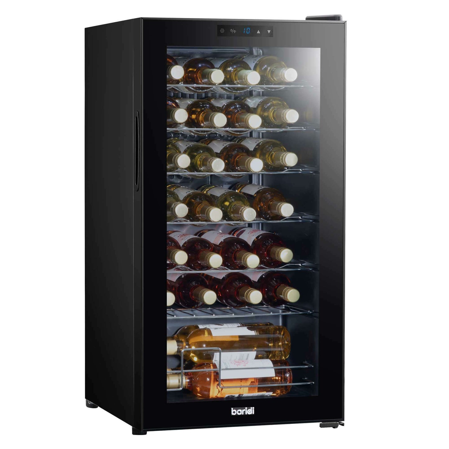 Black Baridi wine cooler with glass door, digital controls, and LED lighting, holding 28 bottles.