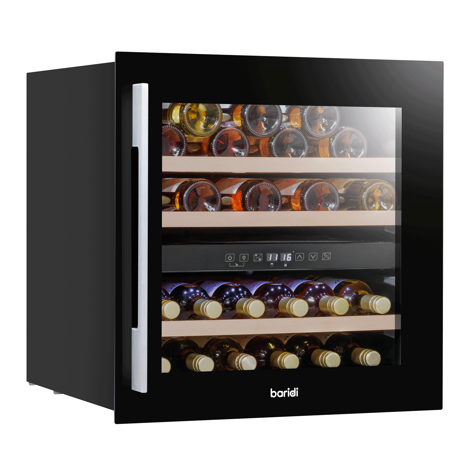 Black Baridi 60cm dual zone wine cooler with beech wood shelves and stainless steel handle.