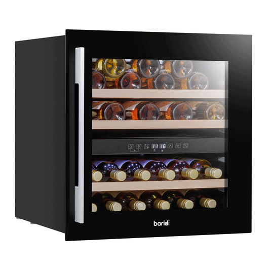 Black Baridi 60cm dual zone wine cooler with beech wood shelves and stainless steel handle.