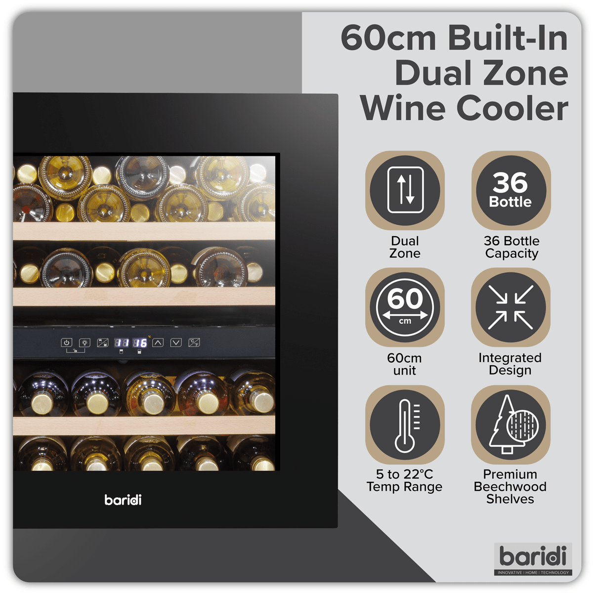 Black Baridi 60cm wine cooler with beech wood shelves, dual zone, fits 36 bottles.