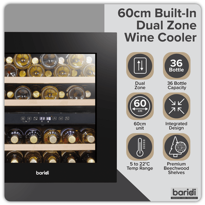 Black Baridi 60cm wine cooler with beech wood shelves, dual zone, fits 36 bottles.