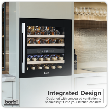 Black dual-zone wine cooler with beech wood shelves, stainless steel handle, and LED light.