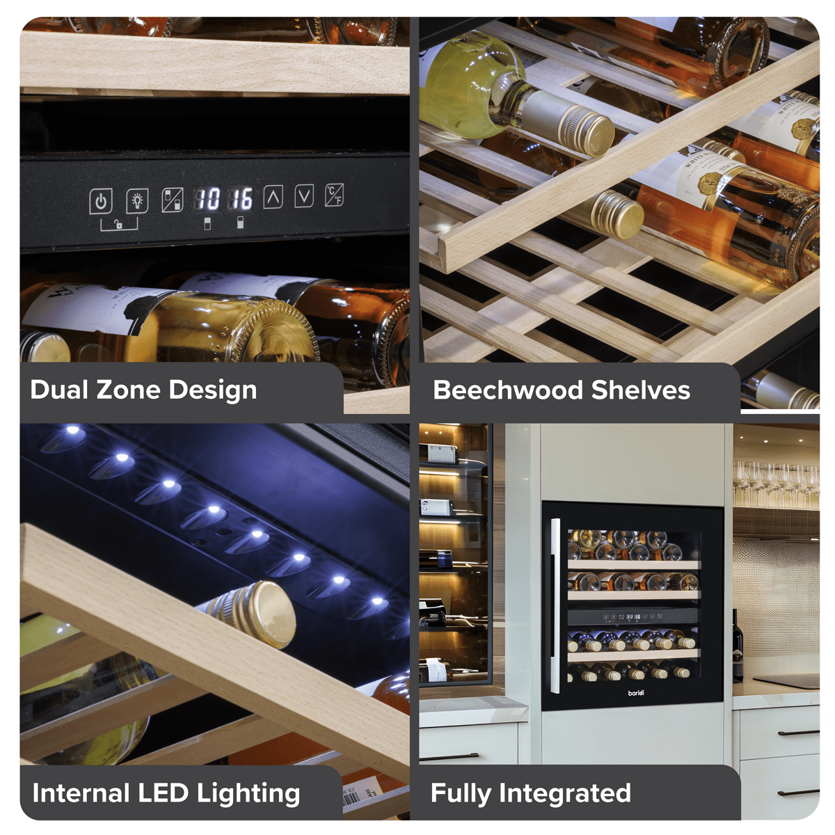 Sleek black dual-zone wine cooler with beech wood shelves and stainless steel handle.