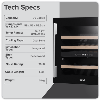 Black dual zone wine cooler with beech wood shelves, fits 36 bottles, built-in kitchen cabinet.