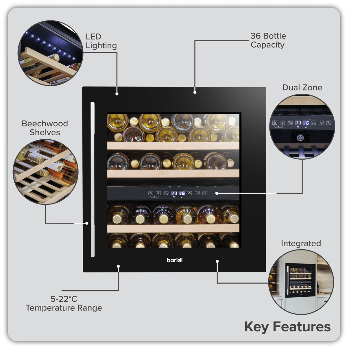 Sleek black 60cm dual zone wine cooler with beech wood shelves, fits 36 bottles, LED lit interior.