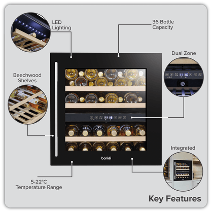 Sleek black 60cm dual zone wine cooler with beech wood shelves, fits 36 bottles, LED lit interior.