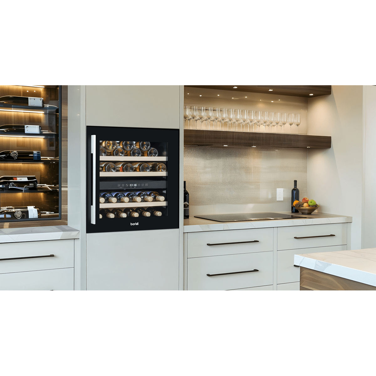 Black dual zone wine cooler with beech wood shelves, 60cm wide, fits 36 bottles, built-in design.