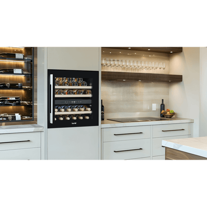 Black dual zone wine cooler with beech wood shelves, 60cm wide, fits 36 bottles, built-in design.