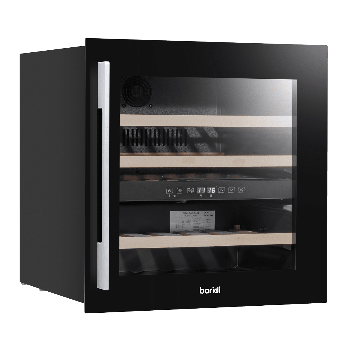 Black 60cm dual zone wine cooler with beech wood shelves, fits 36 bottles, stainless steel handle.