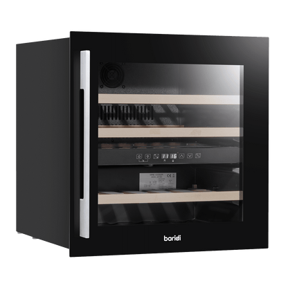 Black 60cm dual zone wine cooler with beech wood shelves, fits 36 bottles, stainless steel handle.