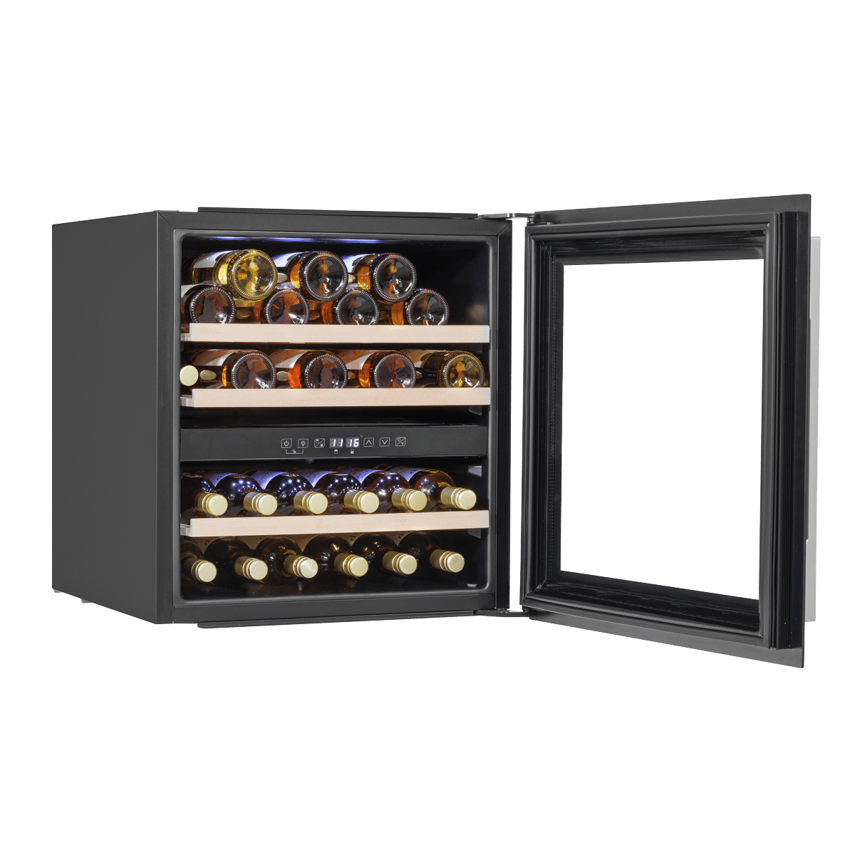 Black dual zone wine cooler with beech wood shelves, holding 36 bottles, fits standard cabinet space.