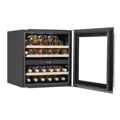 Black dual zone wine cooler with beech wood shelves, holding 36 bottles, fits standard cabinet space.