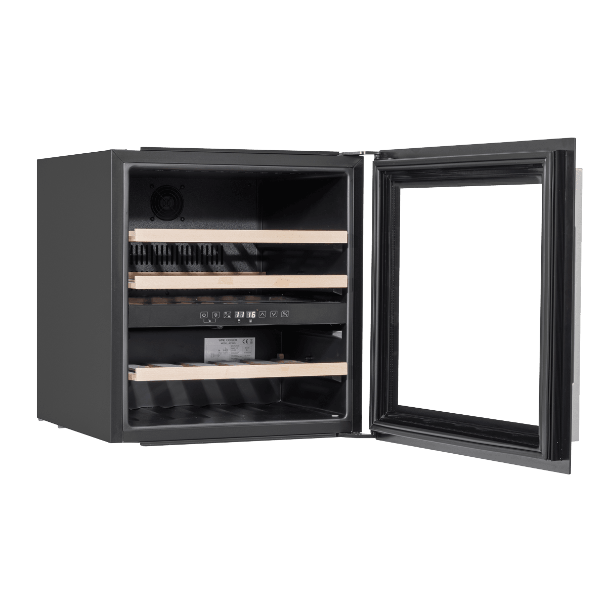 Black Baridi 60cm dual zone wine cooler with beech wood shelves, fits 36 bottles, stylish design.