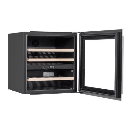 Black Baridi 60cm dual zone wine cooler with beech wood shelves, fits 36 bottles, stylish design.