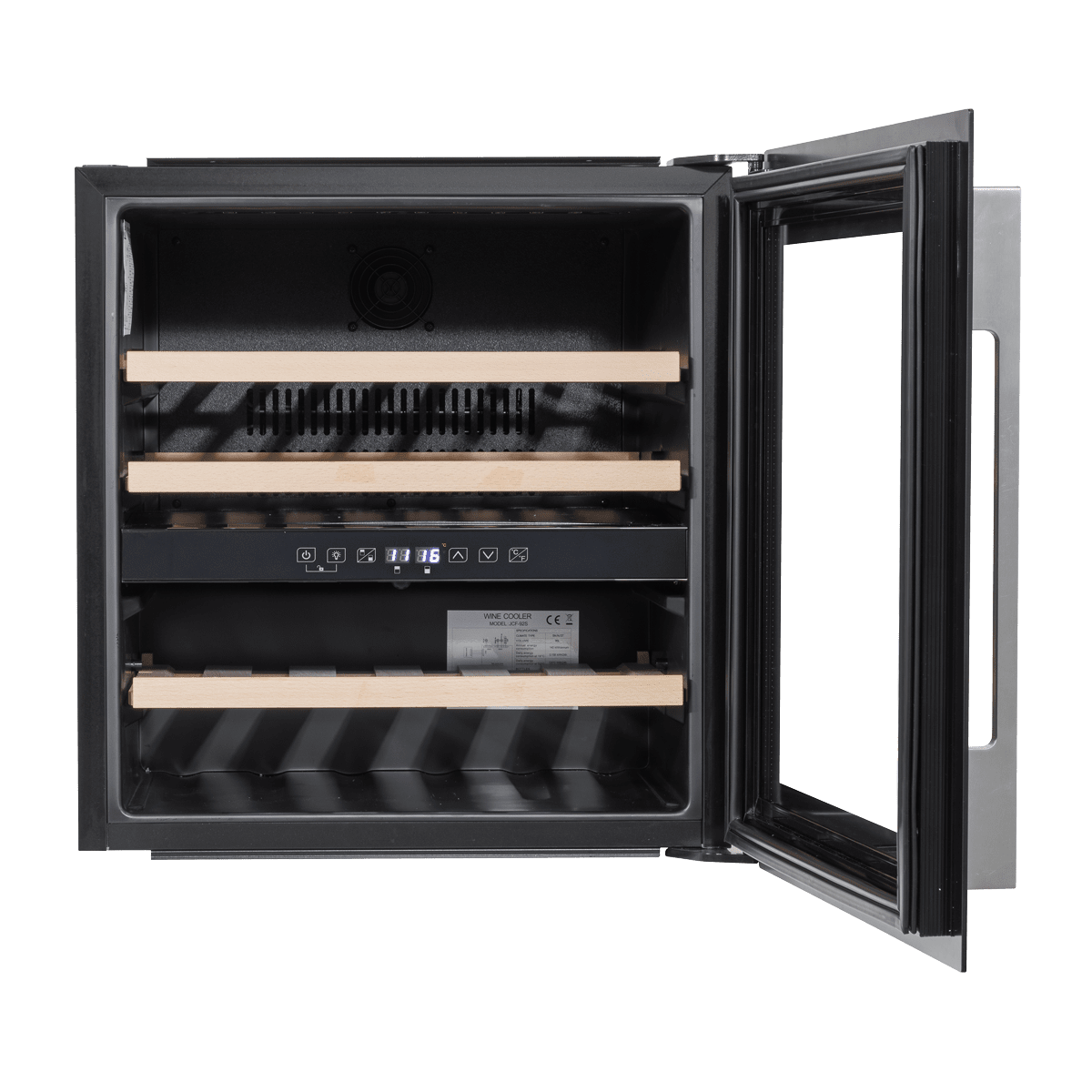 Sleek black dual zone wine cooler with beech wood shelves, fits 36 bottles.