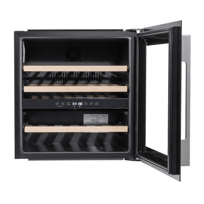 Sleek black dual zone wine cooler with beech wood shelves, fits 36 bottles.