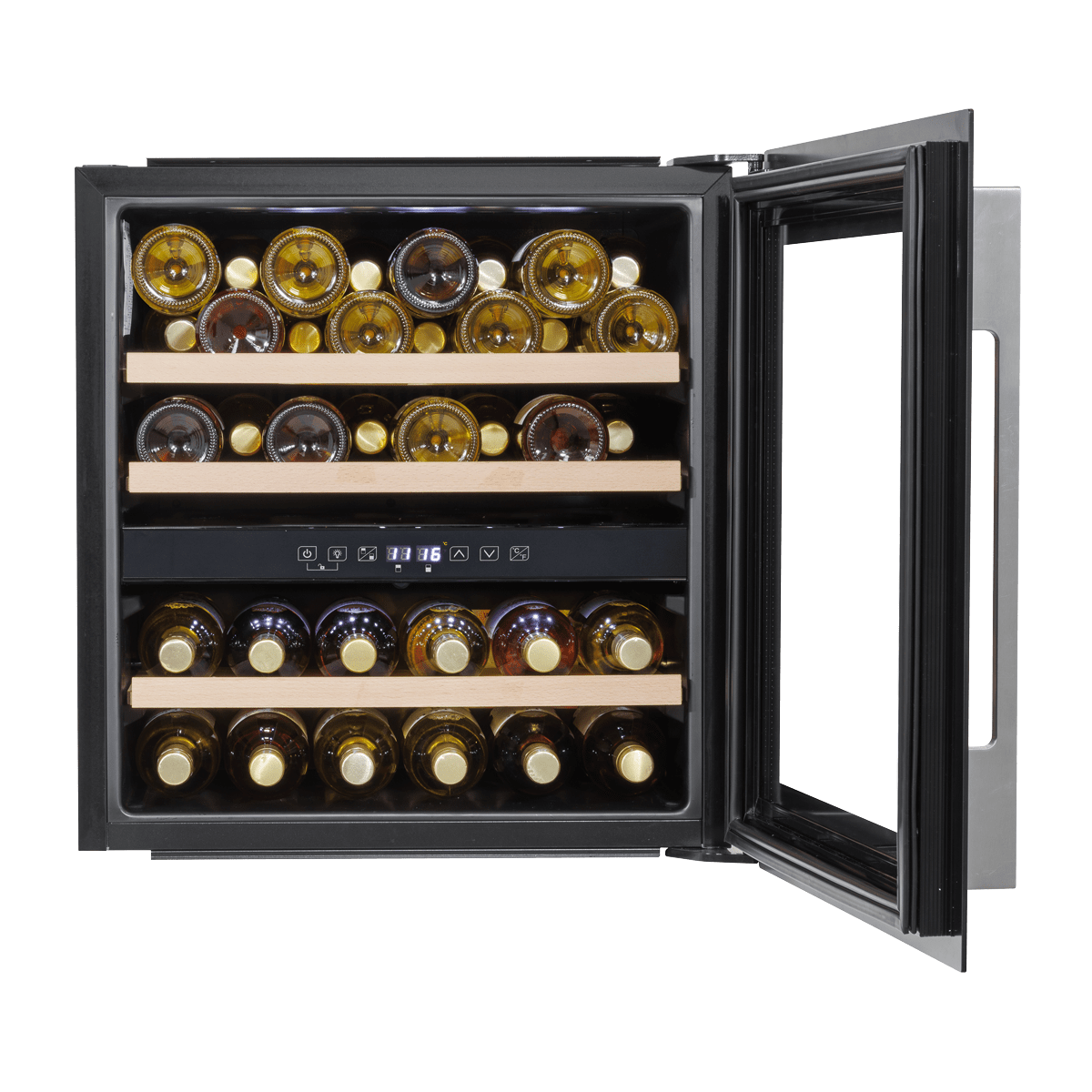 60cm black dual zone wine cooler with beech wood shelves, fits 36 bottles, stainless steel handle.
