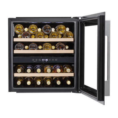 60cm black dual zone wine cooler with beech wood shelves, fits 36 bottles, stainless steel handle.