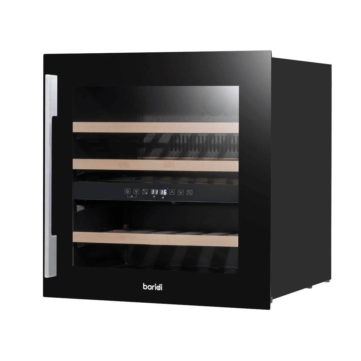 Sleek black wine cooler with dual zones, beech wood shelves, and a stainless steel handle.