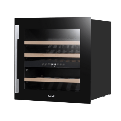 Sleek black wine cooler with dual zones, beech wood shelves, and a stainless steel handle.