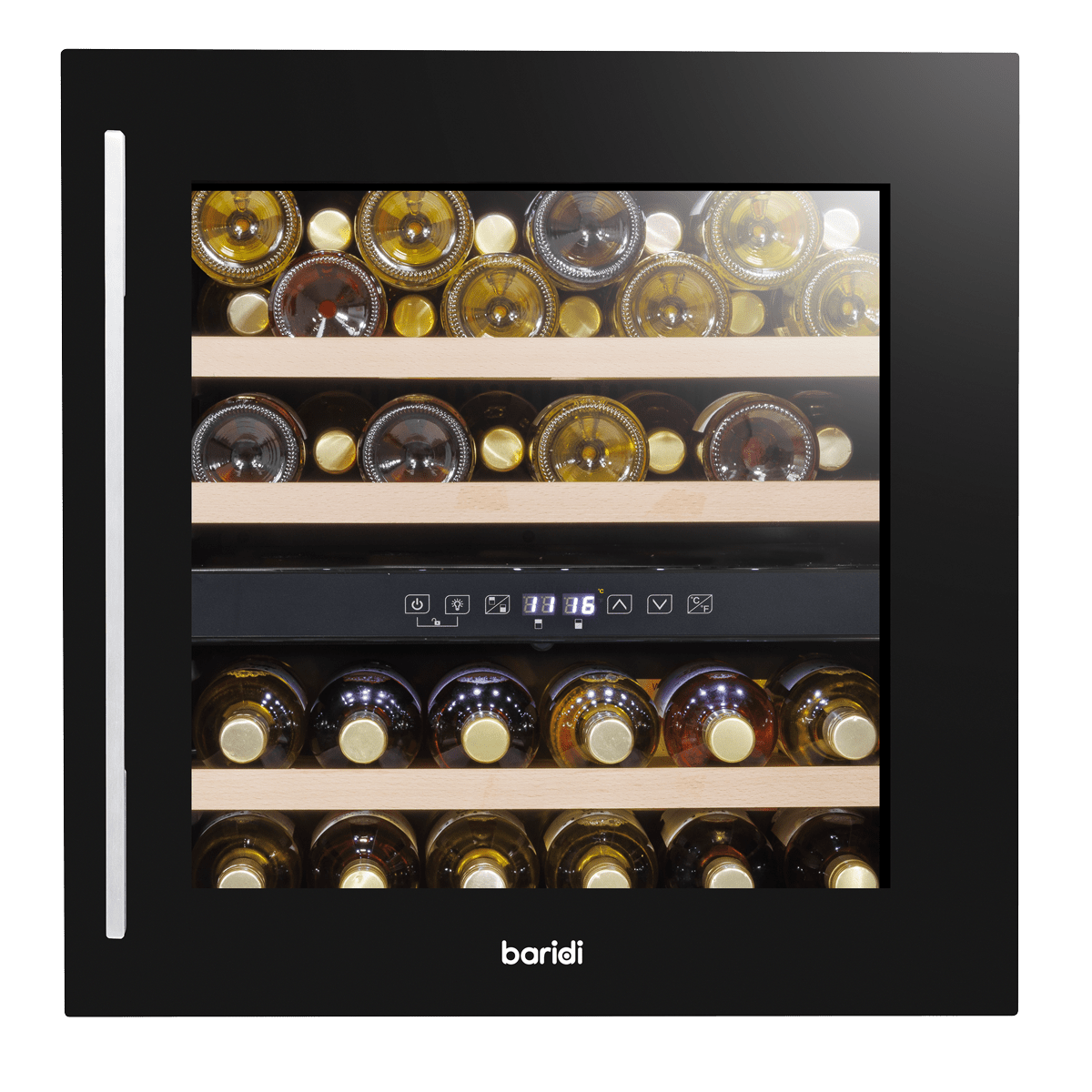 Black Baridi 60cm dual zone wine cooler with beech wood shelves, fits 36 bottles, LED lit interior.