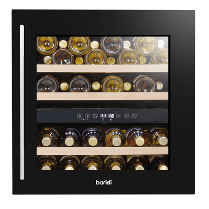 Black Baridi 60cm dual zone wine cooler with beech wood shelves, fits 36 bottles, LED lit interior.