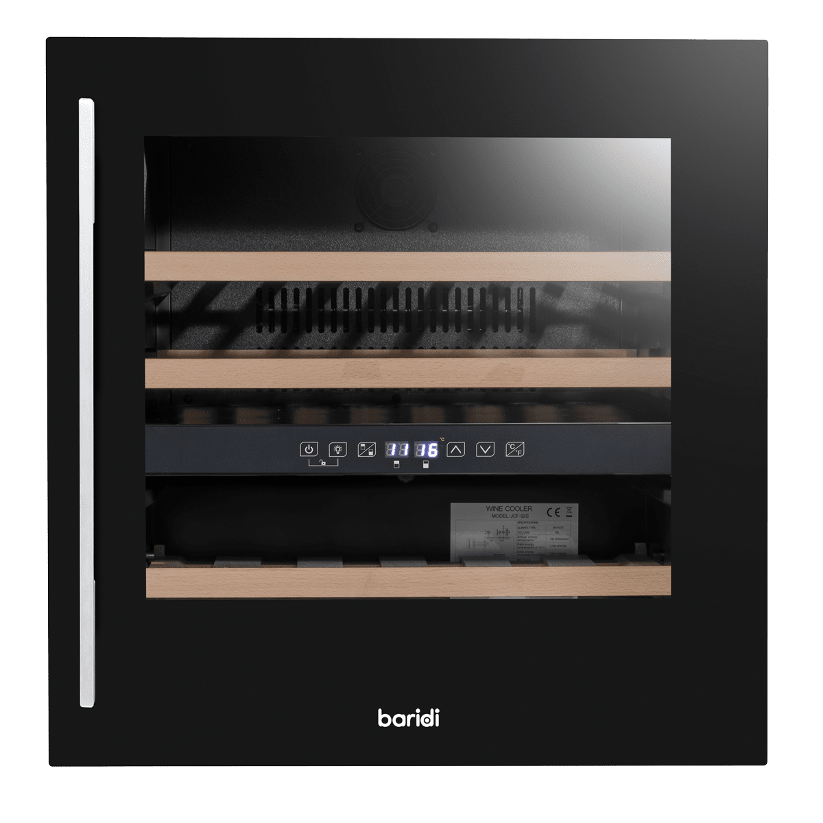 Black 60cm Baridi wine cooler with beech shelves, dual zones, and stainless steel handle.