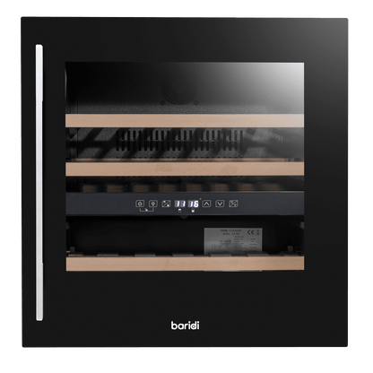Black 60cm Baridi wine cooler with beech shelves, dual zones, and stainless steel handle.
