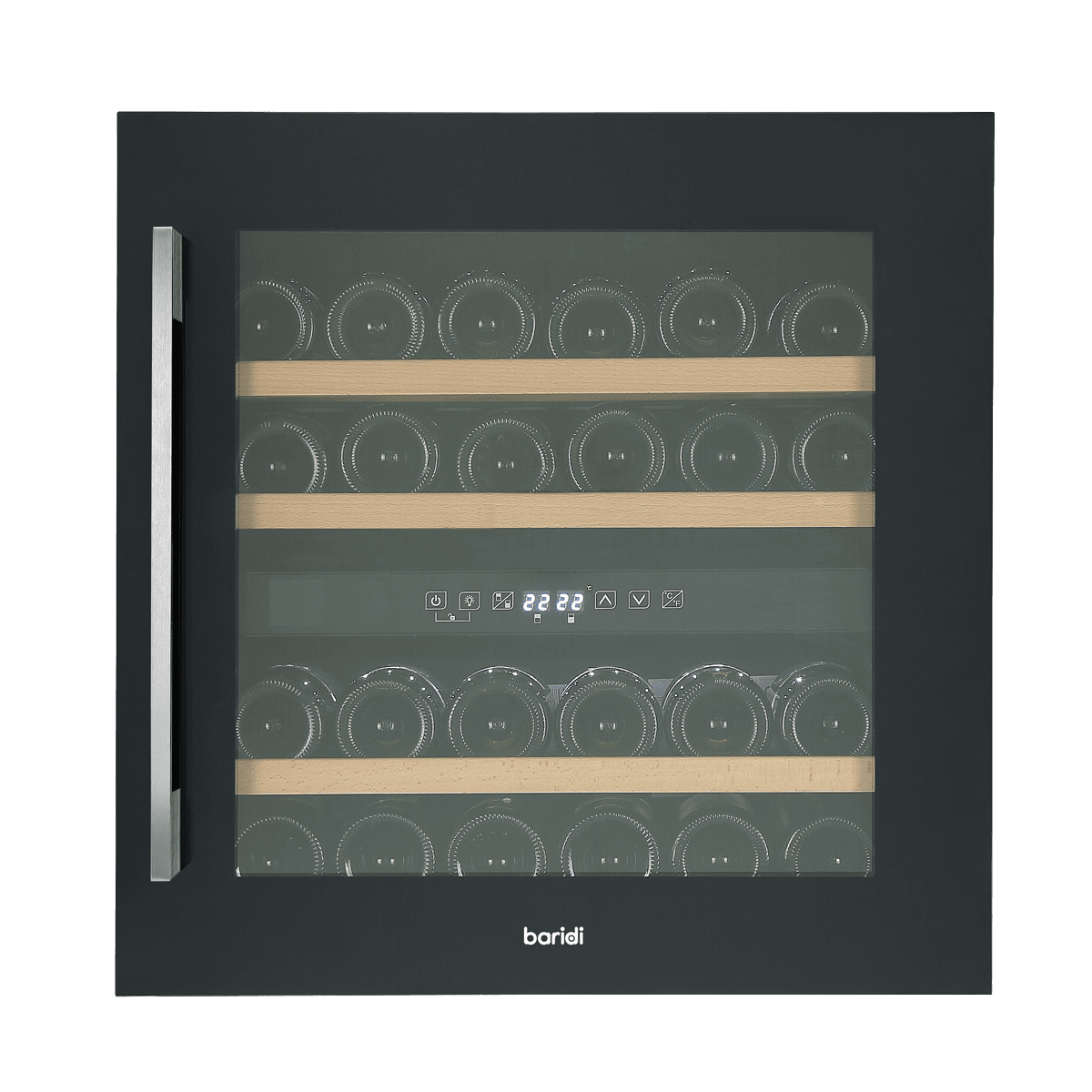 Sleek black dual zone wine cooler with beech wood shelves, holding up to 36 bottles.