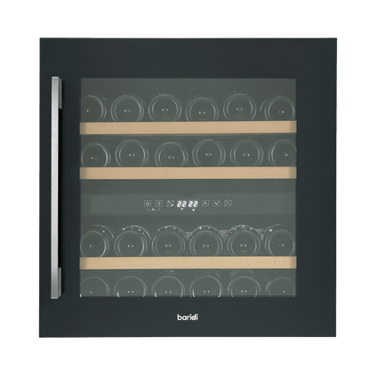 Sleek black dual zone wine cooler with beech wood shelves, holding up to 36 bottles.