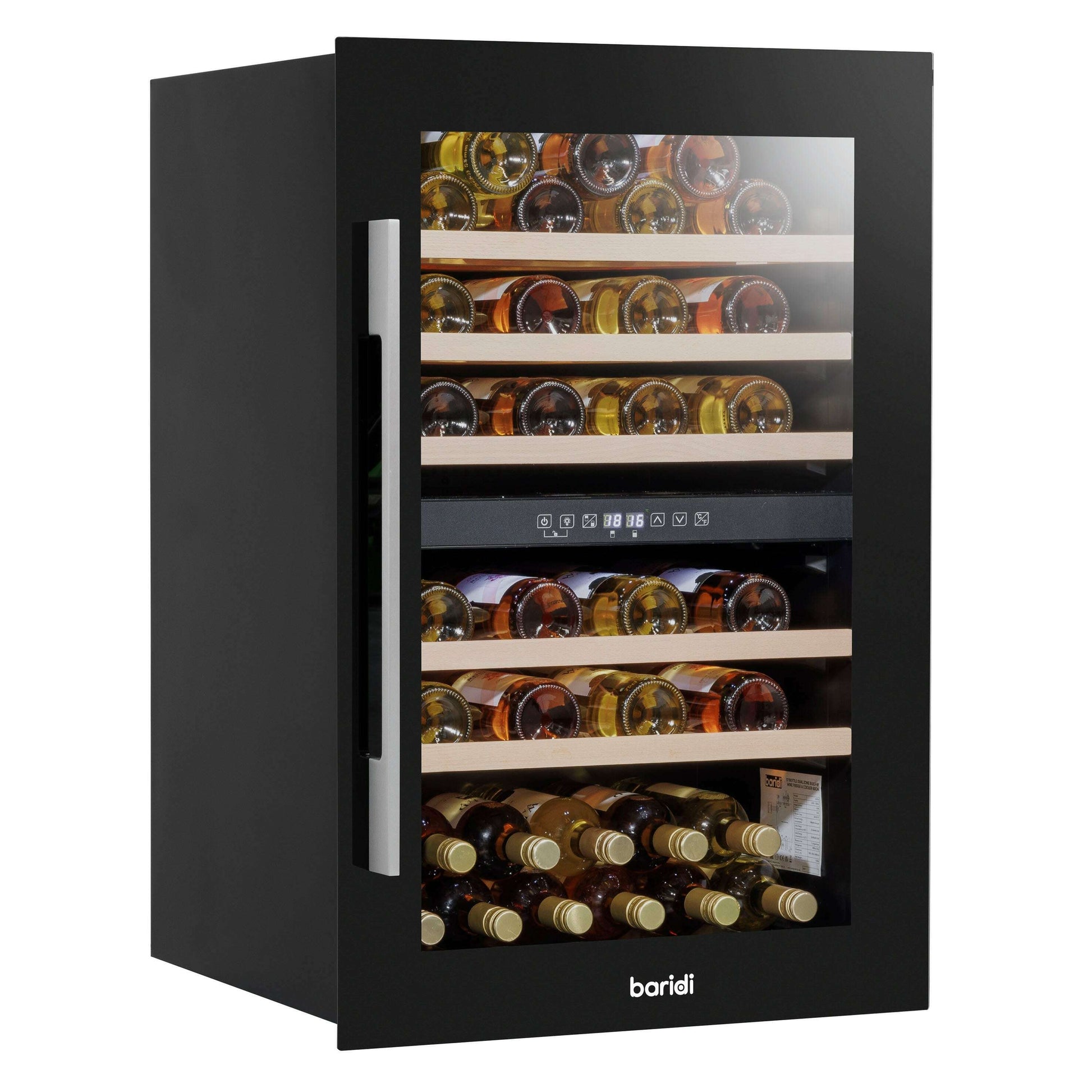 Black Baridi wine cooler with dual zones, beech wood shelves, and stainless steel handle.