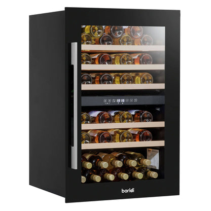 Black Baridi wine cooler with dual zones, beech wood shelves, and stainless steel handle.