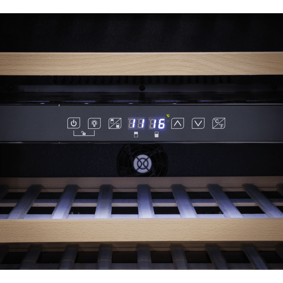 Black Baridi 60cm wine cooler with beech wood shelves, dual zones, and stainless steel handle.