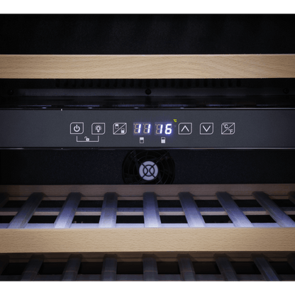 Black Baridi 60cm wine cooler with beech wood shelves, dual zones, and stainless steel handle.