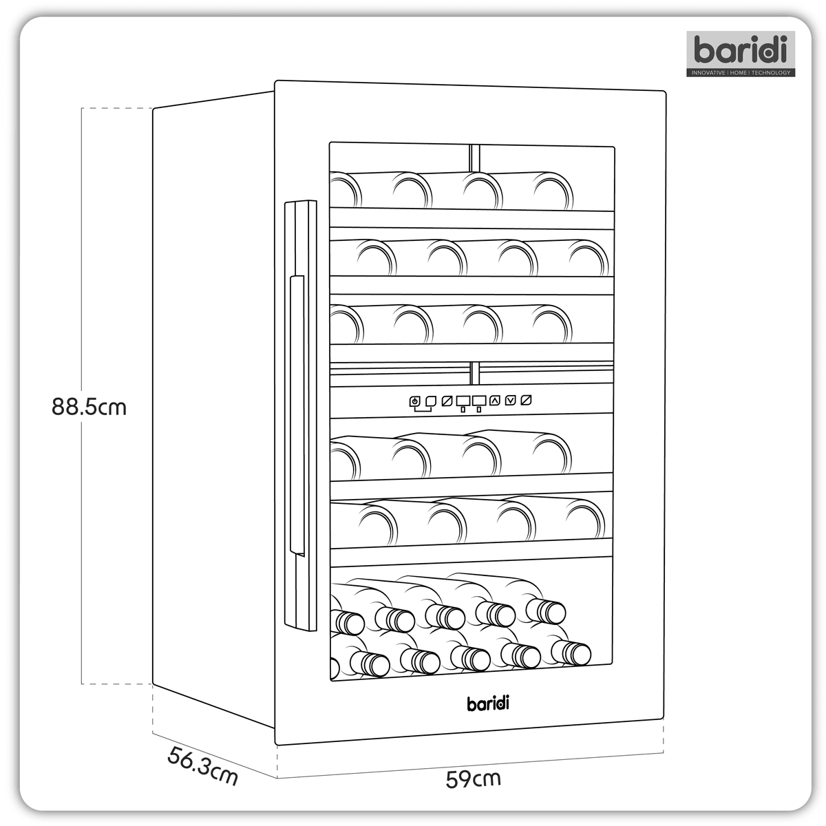 Black Baridi 60cm wine cooler with 57-bottle capacity, beech wood shelves, and dual temperature zones.