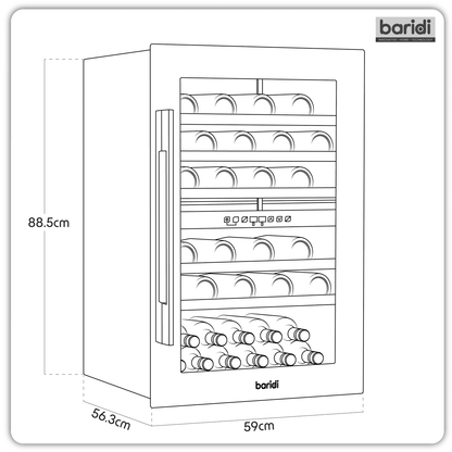 Black Baridi 60cm wine cooler with 57-bottle capacity, beech wood shelves, and dual temperature zones.