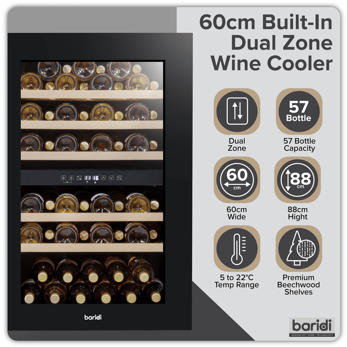 Black dual zone wine cooler with beech wood shelves, fits 57 bottles, sleek design, built-in style.