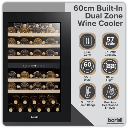 Black dual zone wine cooler with beech wood shelves, fits 57 bottles, sleek design, built-in style.