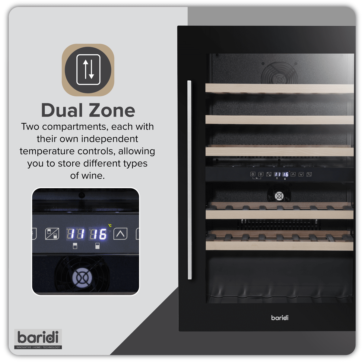 Black Baridi 60cm wine cooler with dual zones, beech wood shelves, and stainless steel handle.