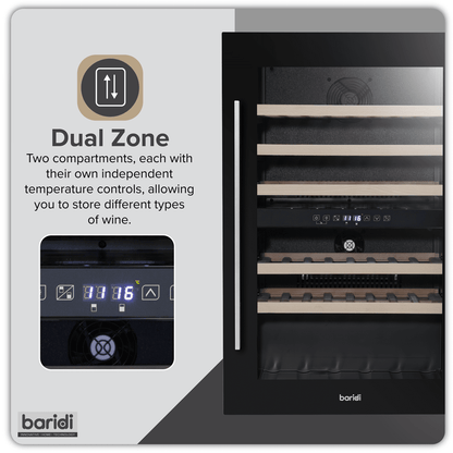Black Baridi 60cm wine cooler with dual zones, beech wood shelves, and stainless steel handle.
