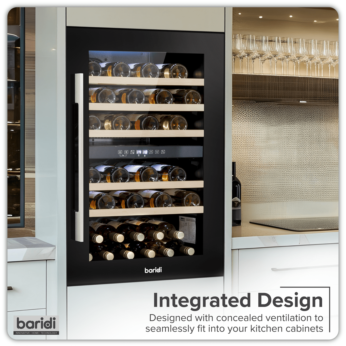 Black 60cm wine cooler with dual zones, beech wood shelves, and stainless steel handle.