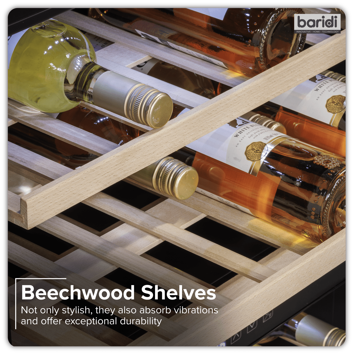 Black dual zone wine cooler with beech wood shelves, stainless steel handle, holds 57 bottles.