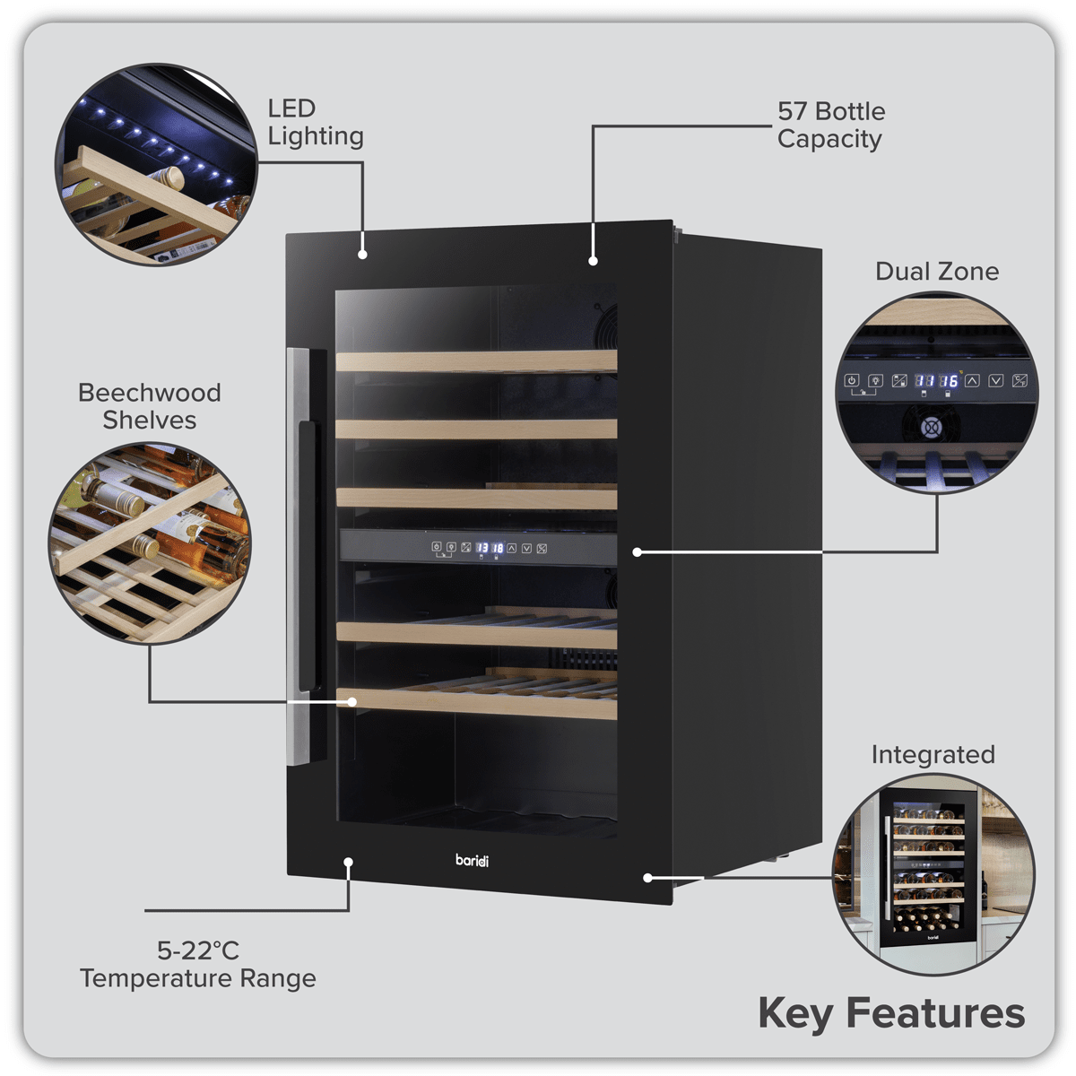 Black Baridi 60cm dual zone wine cooler with beech wood shelves, fits 57 bottles, built-in design.