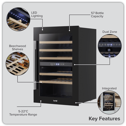 Black Baridi 60cm dual zone wine cooler with beech wood shelves, fits 57 bottles, built-in design.