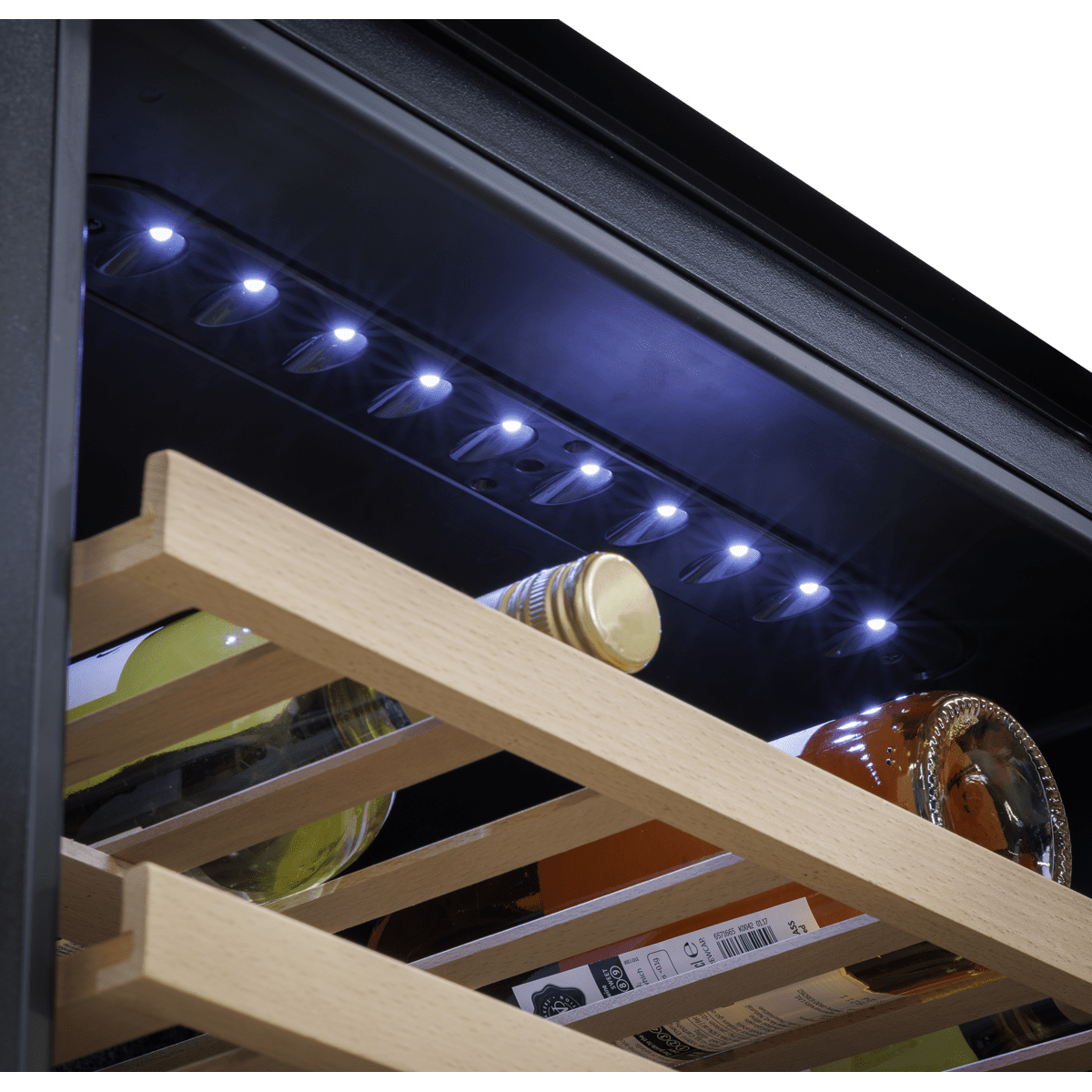 Black built-in wine cooler with beech wood shelves, dual zone, fits 57 bottles, stainless handle.