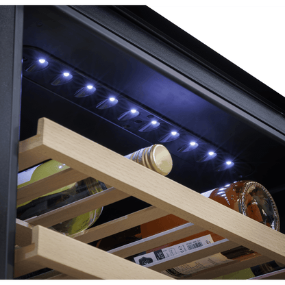 Black built-in wine cooler with beech wood shelves, dual zone, fits 57 bottles, stainless handle.