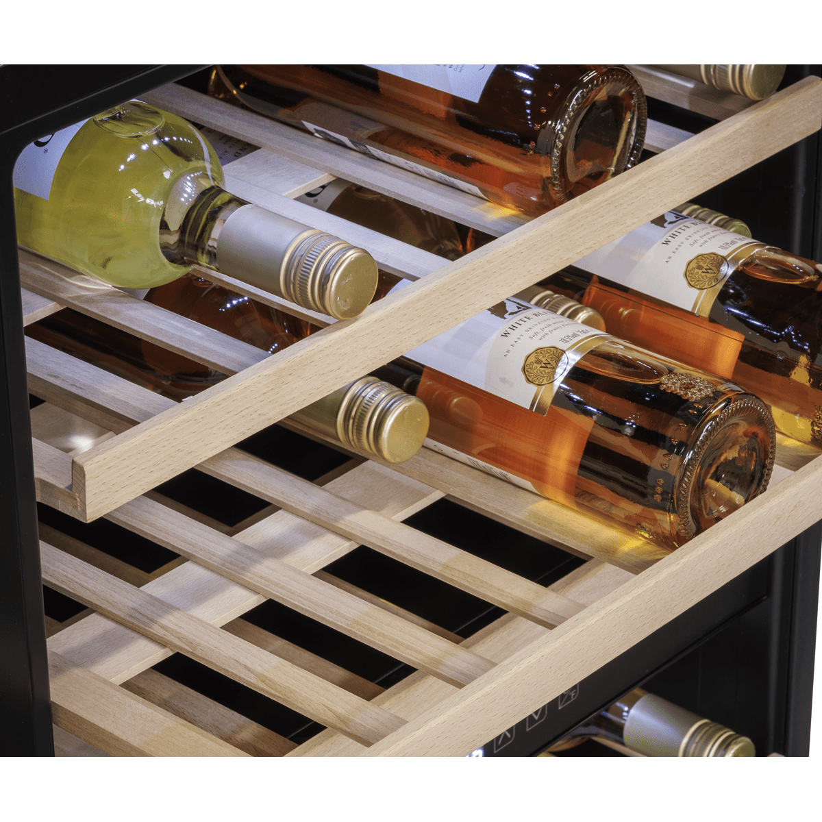 Black dual zone wine cooler with beech wood shelves, holding up to 57 bottles, fits 60cm space.