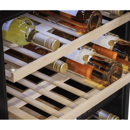 Black dual zone wine cooler with beech wood shelves, holding up to 57 bottles, fits 60cm space.